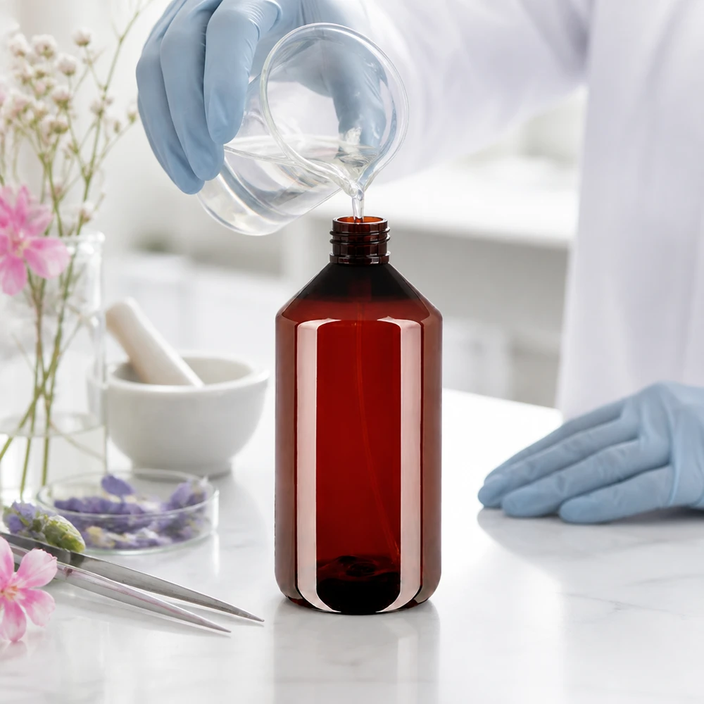 Professionele afvulling in een lichtwerende PET-fles van 750 ml met verstuiver en bloemenextracten