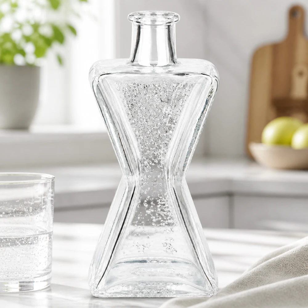 200 ml glazen fles 200ml Glasflasche "Star" ohne Verschluss UNiTWIST zonder sluiting UNiTWIST® 200ml Star glazen fles gevuld met mineraalwater en koolzuurhoudend water op wit keukenblad naast waterglas