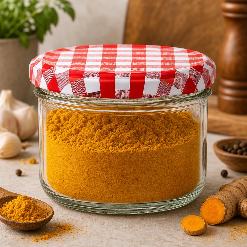 230ml cilindrische pot met BasicSeal deksel rood/wit UNiTWIST Inmaakpot 230ml met rood en wit geruite deksel gevuld met kurkumapoeder in rustieke keukenstijl