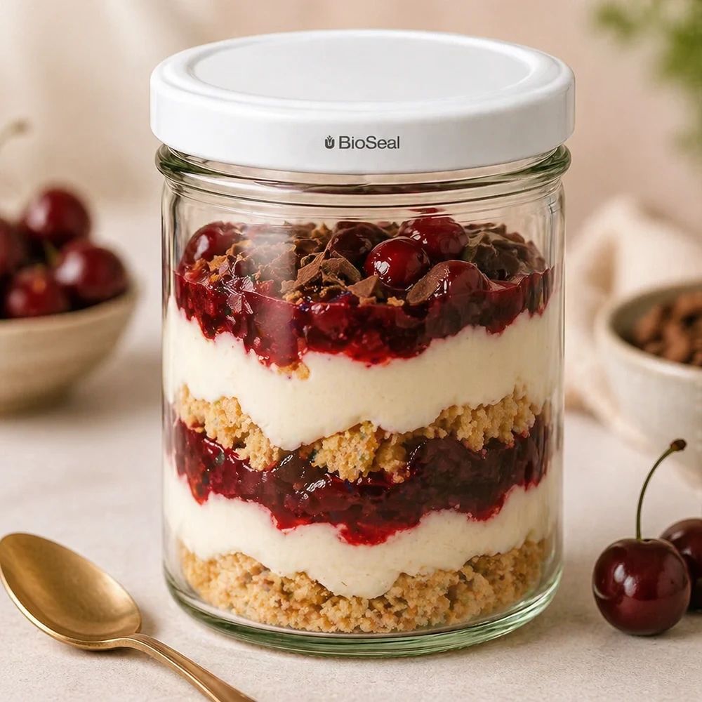 167ml bekers met BioSeal deksel wit UNiTWIST UNiTWIST 167ml bekers met BioSeal deksel gelaagd dessert kersencompote crumble dessertglas keukenscène gouden lepel