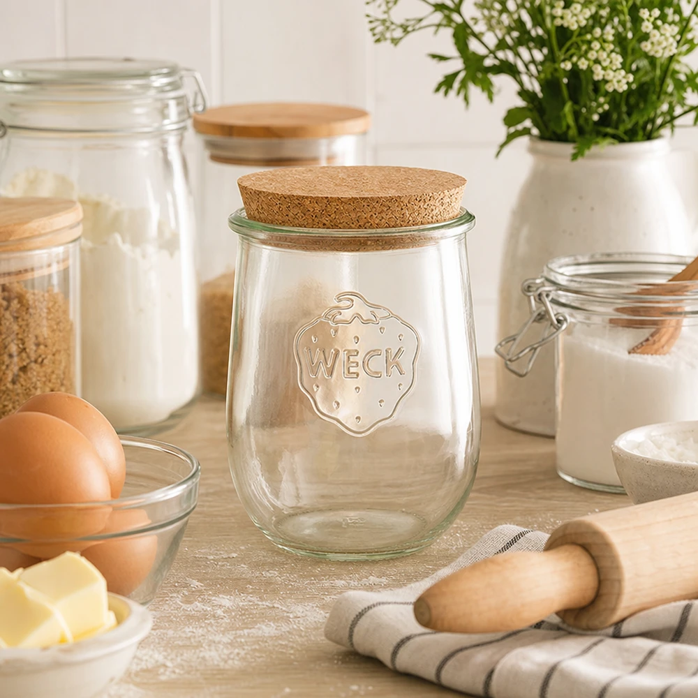WECK tulp pot RR100 1062ml met kurk in een gezellige bakkerij keuken naast meel, eieren en bak ingrediënten opslag