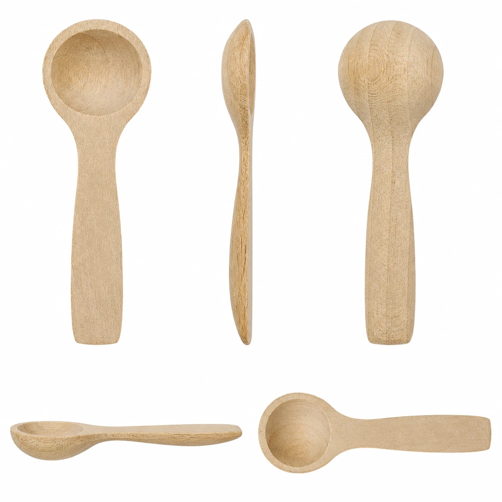 Vijf aanzichten van de kleine houten lepel 7,7 cm vanuit verschillende hoeken laten de vorm en afwerking van de beukenhouten lepel zien.