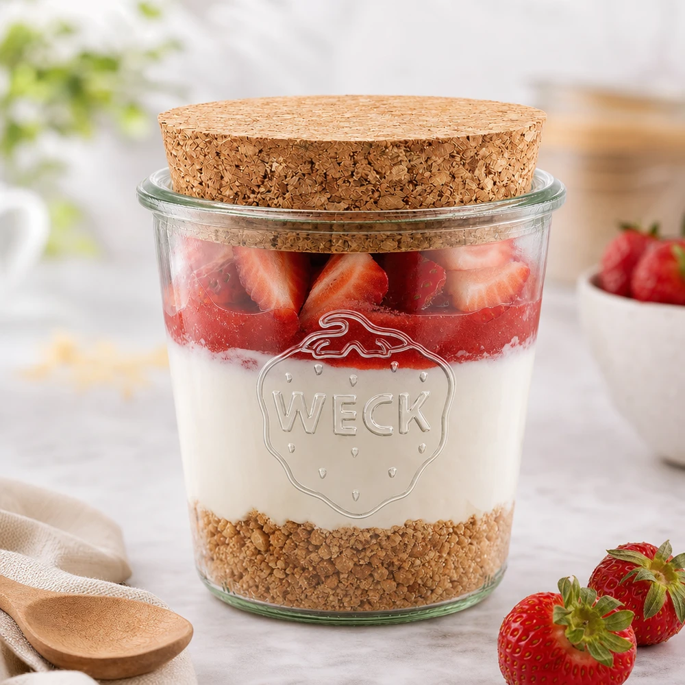 WECK pot 580ml RR100 met kurk als dessertpot voor aardbeien yoghurt muesli stijlvol gerangschikt op een witte tafel