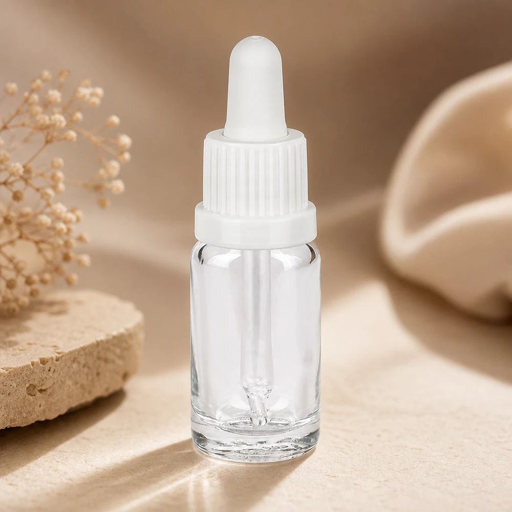 Doorzichtige glazen fles van 10 ml met witte pipetdop, gepresenteerd op natuursteen