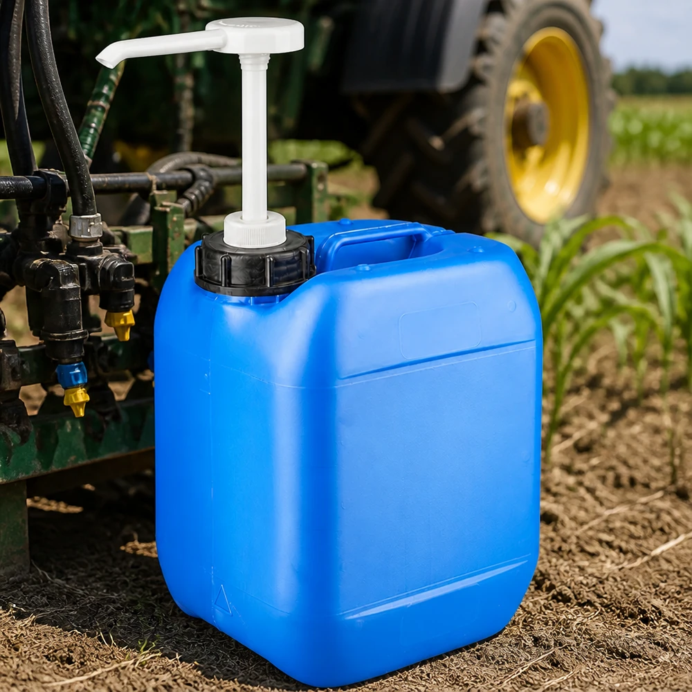 Blauwe container van 5 liter met doseerpomp, in gebruik op open terrein op de akkergrond