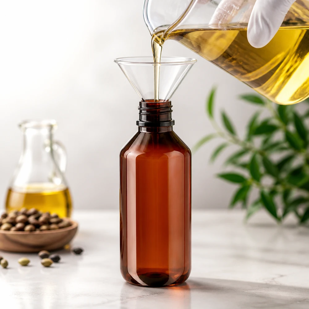 200ml PET Flasche amber für Hanföl und Naturöle mit schwarzem Originalitätsverschluss befüllen