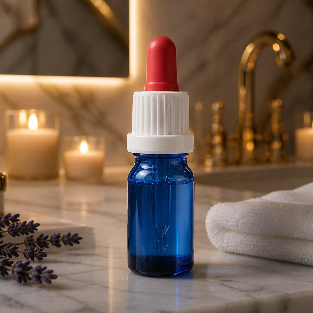 Stijlvolle pipetfles van 5 ml in kobaltblauw met witte draad, perfect voor op reis en onderweg