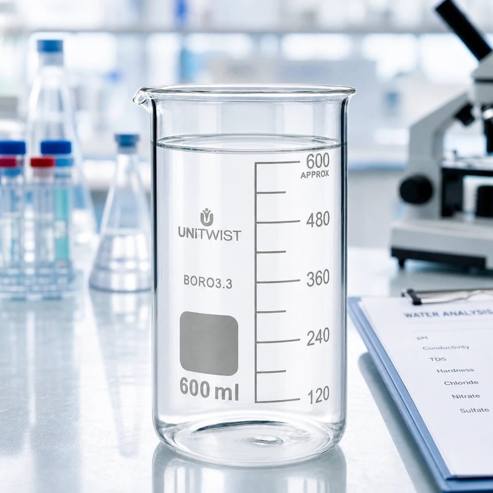 UNITWIST bekerglas 600 ml, hoog model, met reageerbuisjes en Erlenmeyer-kolven op de achtergrond