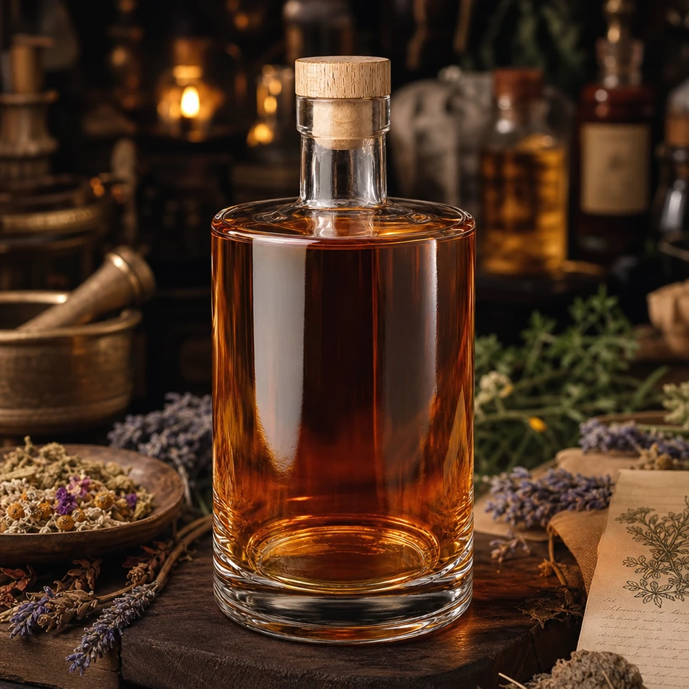 700 ml glazen fles Marie met houten handgreep UNiTWIST® 700 ml glazen fles Marie met houten kurk en bruine inhoud gerangschikt tussen gedroogde kruiden en lavendel