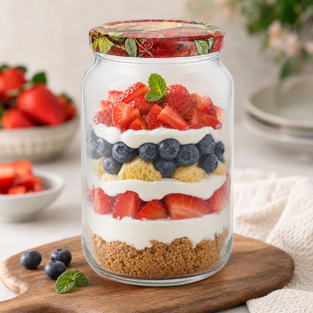 1062ml ronde pot BasicSeal deksel fruit decor gelaagd dessert bessen room biscuit basis trifle dessert mason pot