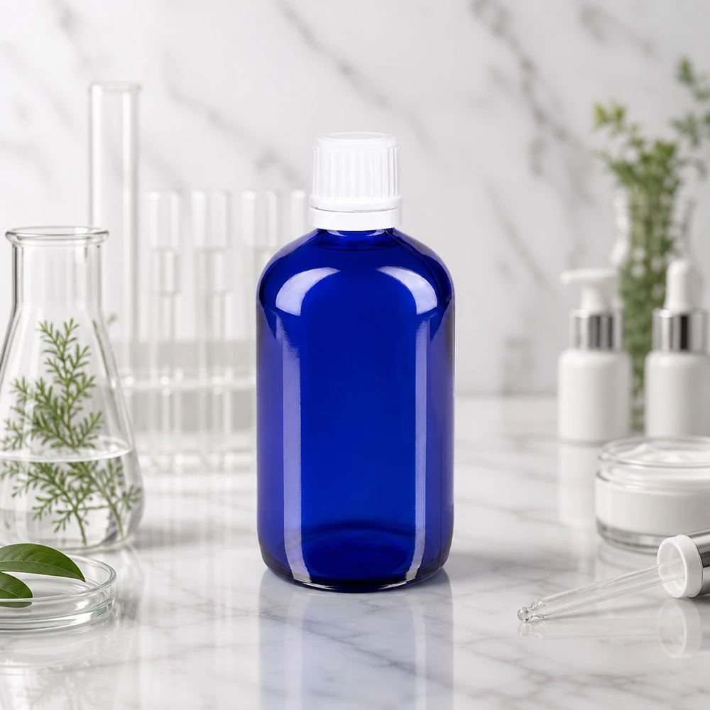 Blauwe glazen fles van 100 ml met een kindveilige witte dop van 11 mm naast een glazen pipet op wit marmer