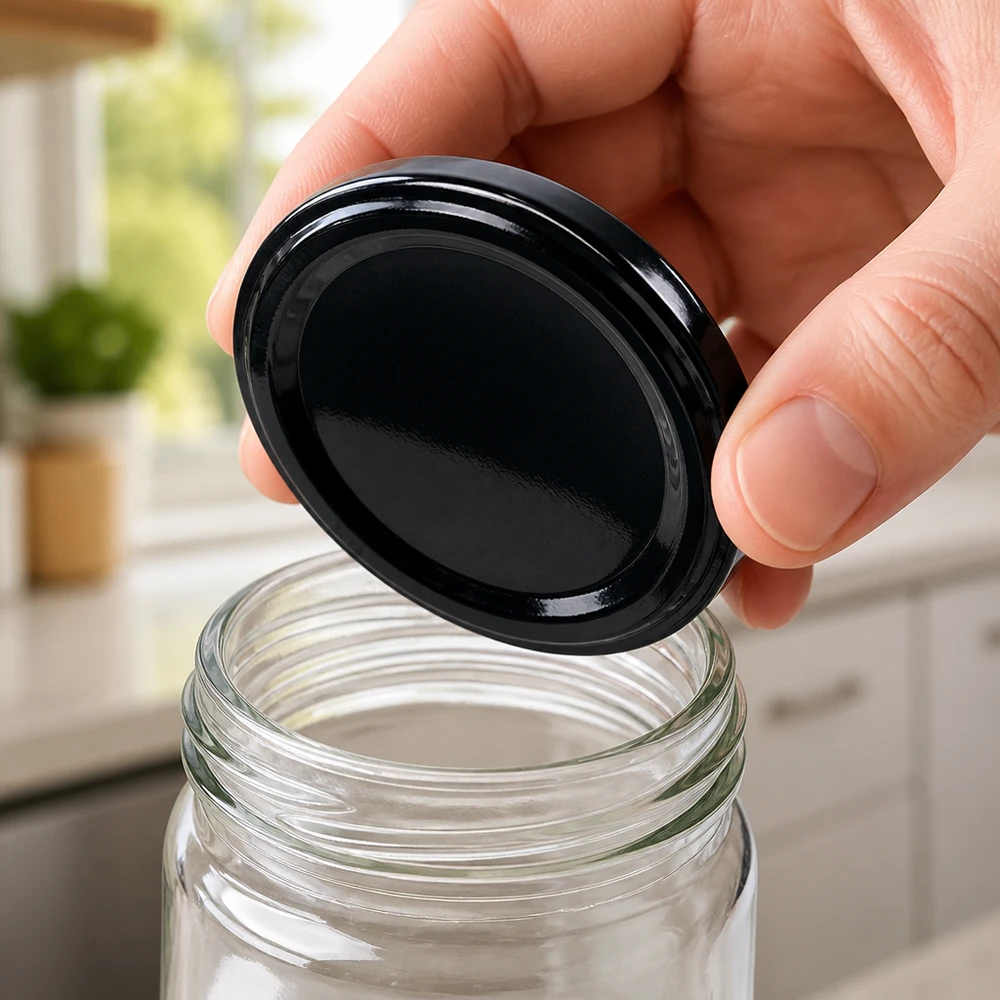 UNiTWIST TO82 zwart, BioSeal, BPA-NI, UNiTWIST UNiTWIST TO82-deksel met BioSeal-afdichting in matzwart boven een geopende glazen pot