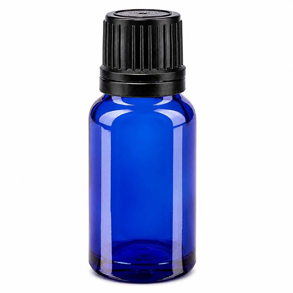 Blauwe glazen flessen 10ml met zwart sluiting OV gietring Kleine blauwe glazen fles van 10 ml met OV-sluiting, ideaal voor etherische oliën en farmaceutische producten