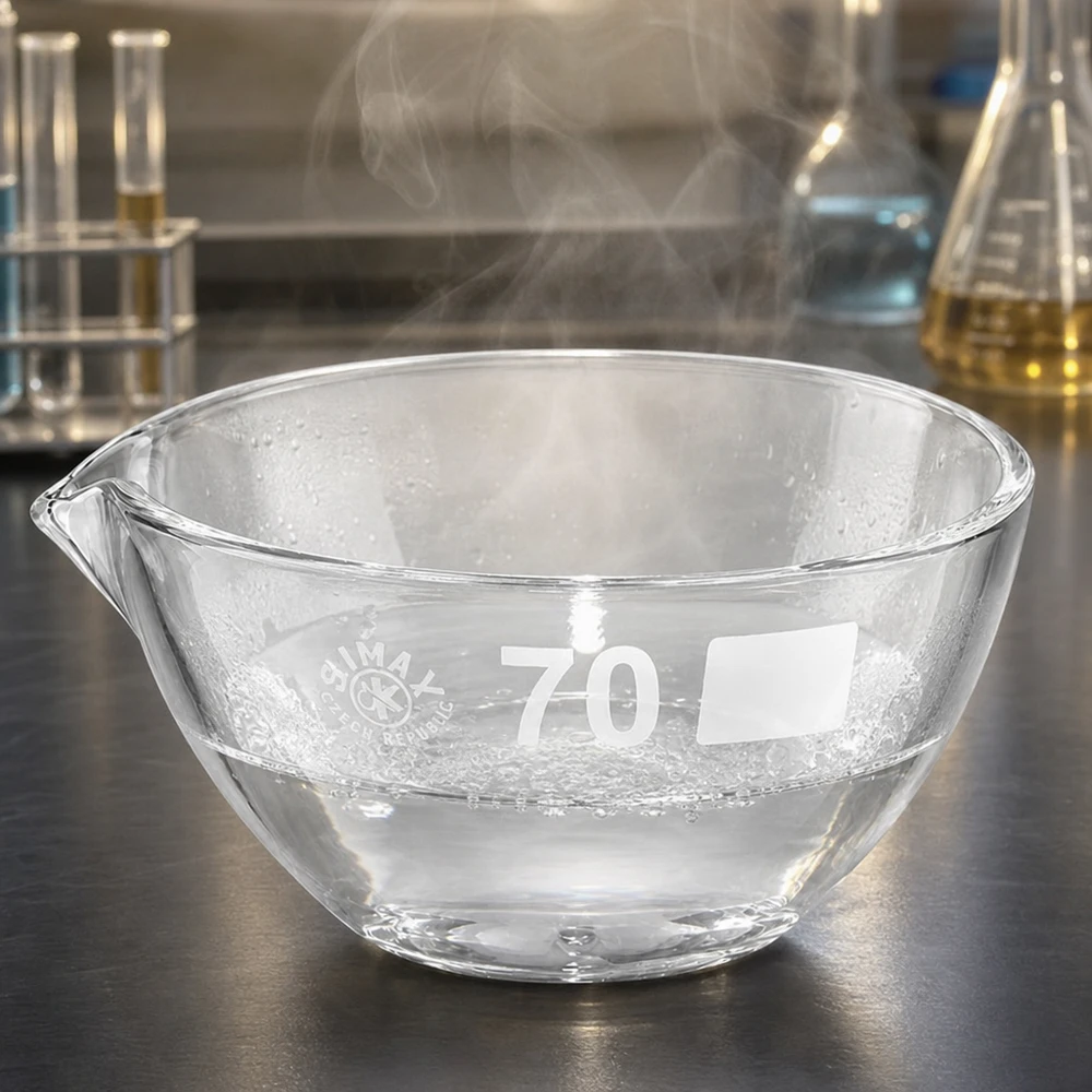 Compacte glazen kom met een diameter van 70 mm en schenktuit voor het gecontroleerd schenken van vloeistoffen