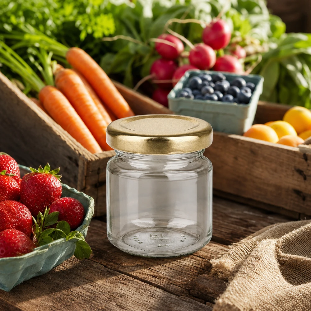 53ml rond glas UNiTWIST met gouden BasicSeal deksel op een houten tafel omringd door vers fruit en groenten