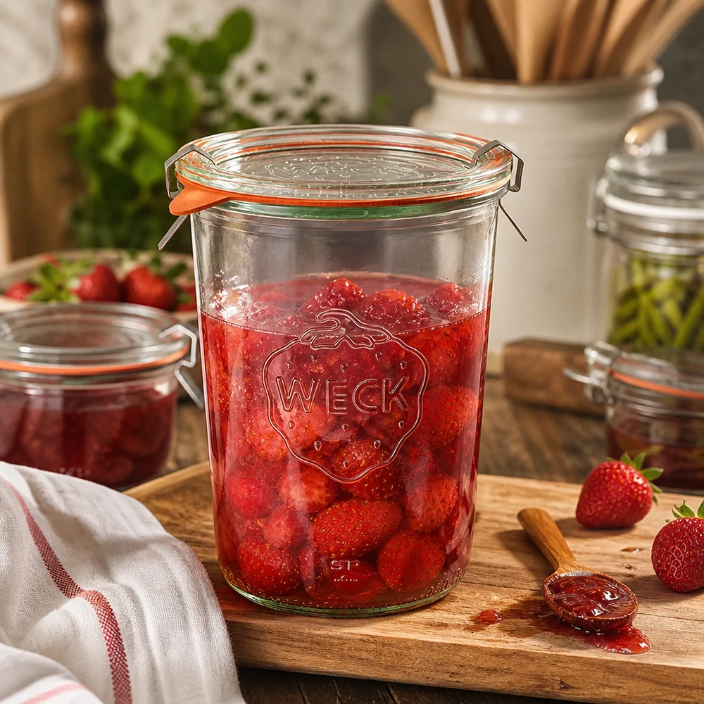 Inmaakpot WECK 850 ml gevuld met aardbeienjam op een houten plank in een rustieke keuken met verse aardbeien