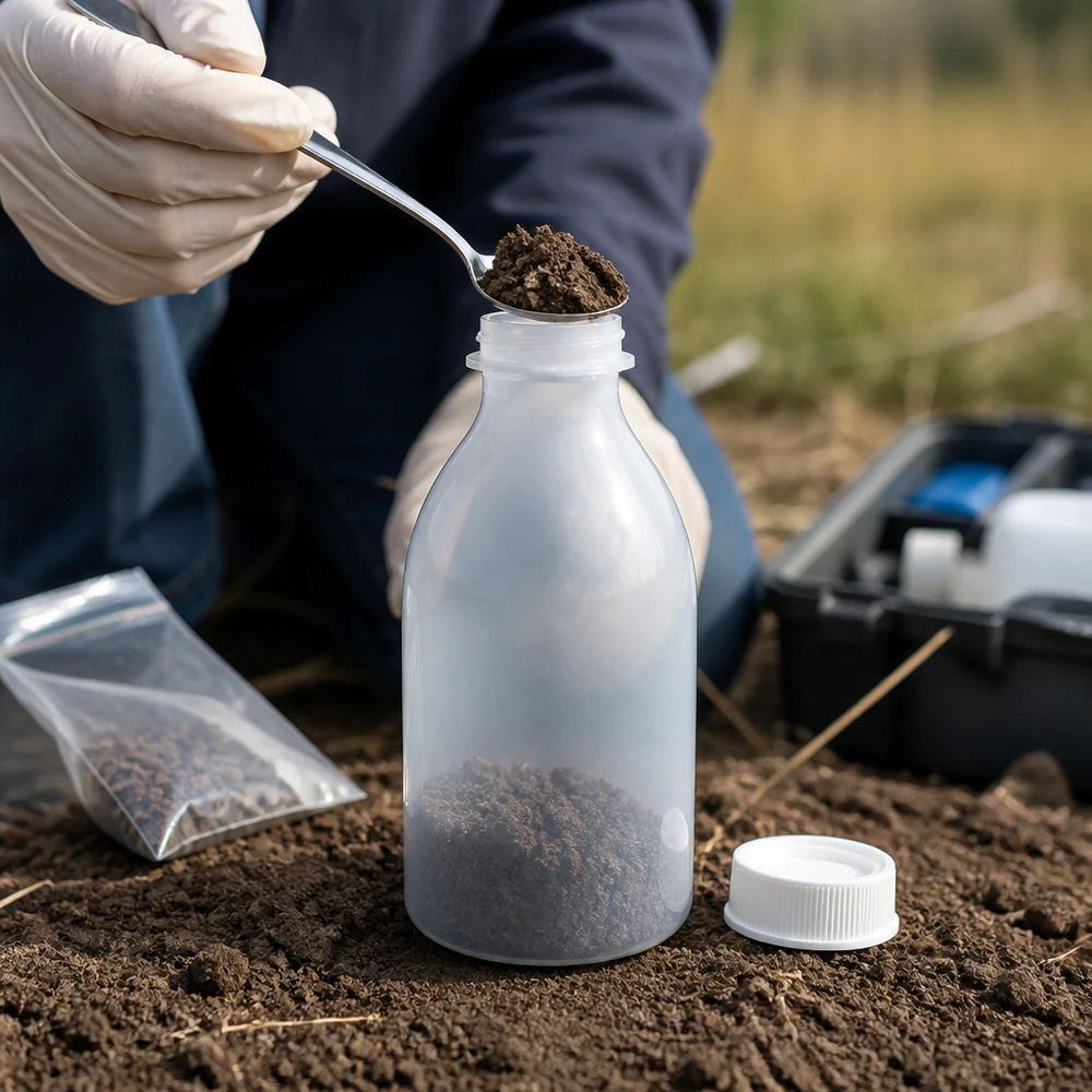 Milieumonsters nemen in het veld met een doorzichtige laboratoriumfles met smalle hals van 250 ml