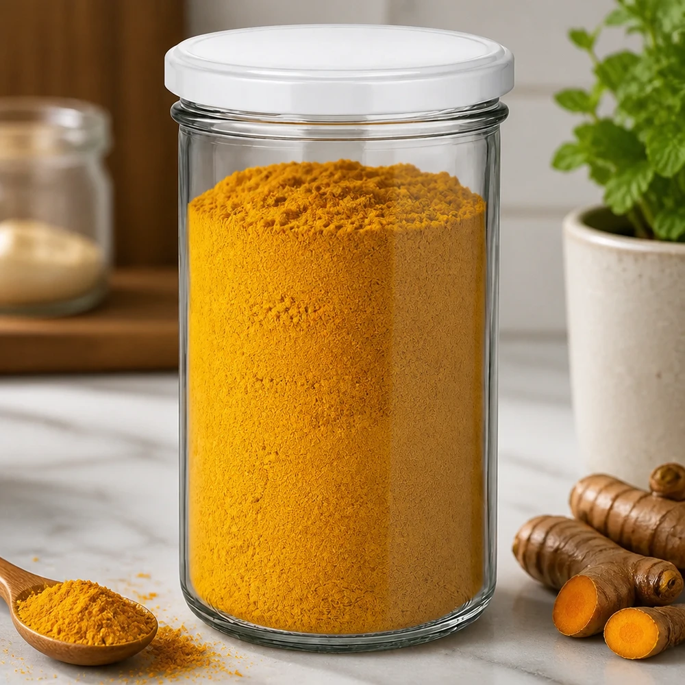 277 ml mason pot gevuld met kurkumapoeder - kruiden bewaren in een inmaakpotje met wit BasicSeal deksel