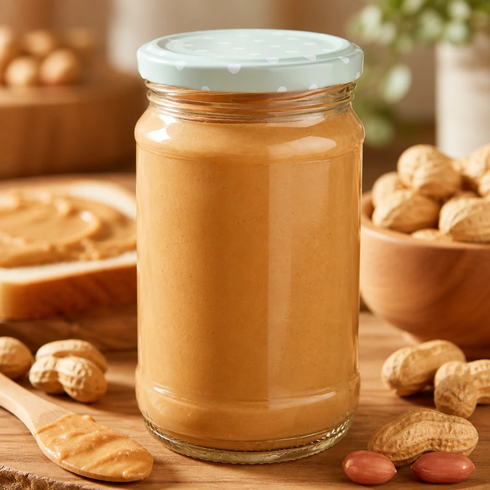 Pindakaas in een rond UNiTWIST-glazen pot van 370 ml met een mintkleurige BasicSeal-deksel met stippenpatroon