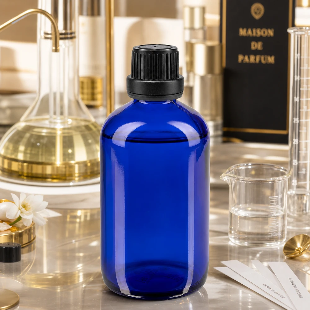 Blauwe glazen flessen 100ml met zwart schroefsluiting dicht. VR Donkerblauwe glazen fles van 100 ml met een zwarte OV-sluiting, omringd door parfumgrondstoffen en een maatbeker