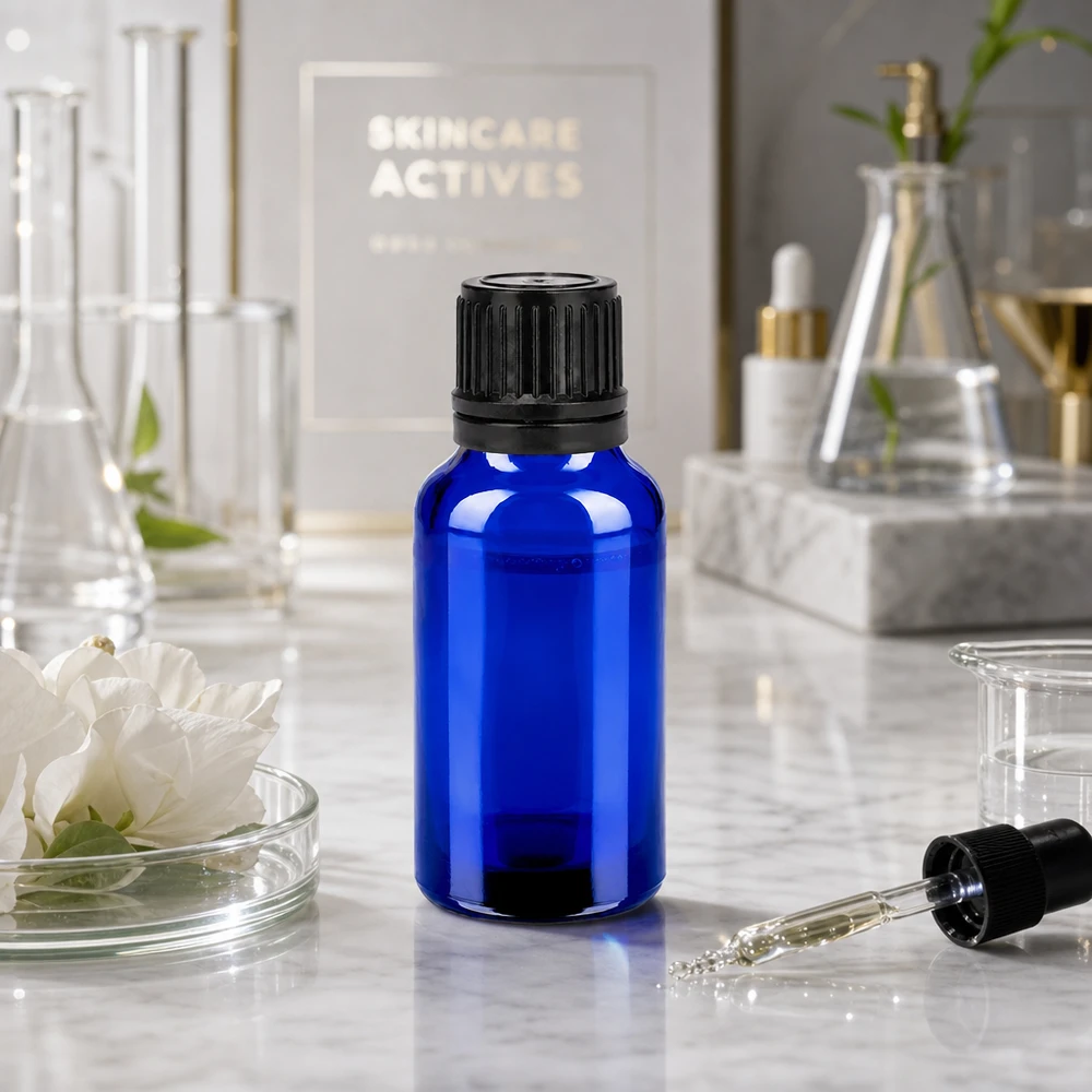 Premium blauw glazen flesje 20ml met zwarte druppeldop voor natuurlijke huidverzorging