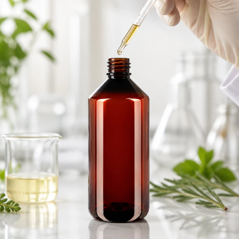 Stevige bruine kunststof fles van 1000 ml met originele schroefdop voor laboratoriumtoepassingen