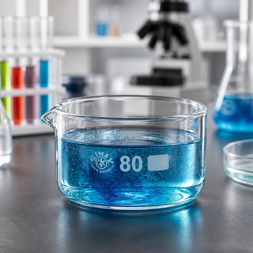 Kristalliseerschaal 150ml met schenktuit Vlakke glazen schaal van 150 ml met uitgietmond voor chemische analyses en verdampingsprocessen, ø 80 mm