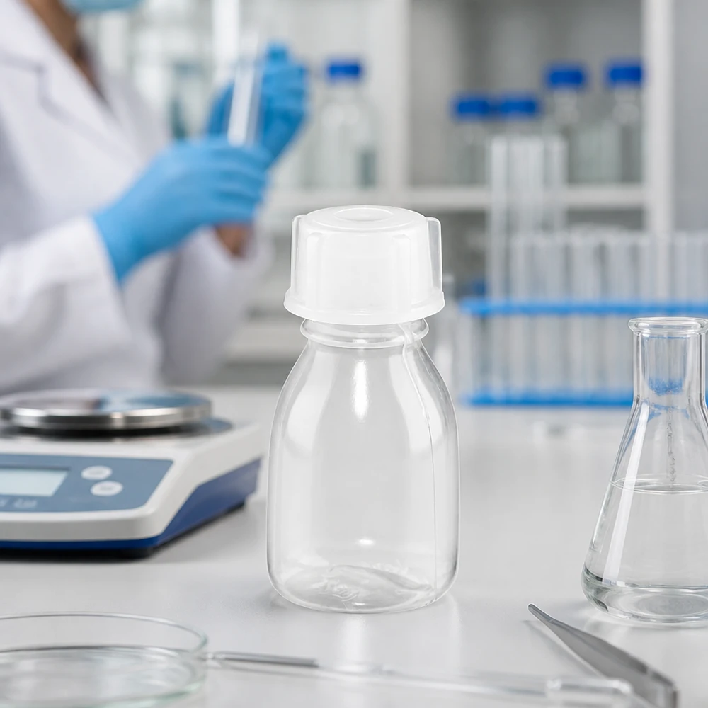 Lege schroeffles met smalle hals van 10 ml op een laboratoriumtafel, met een wetenschapper op de achtergrond