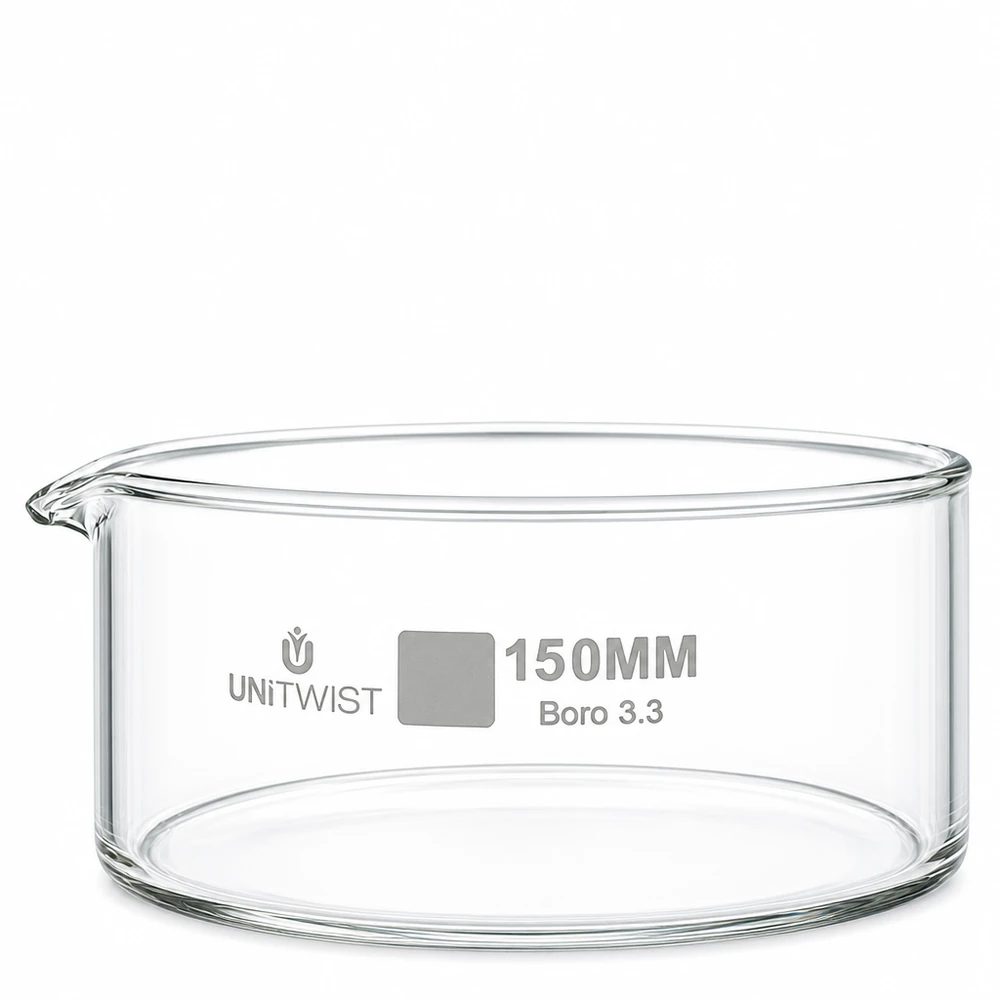 UNiTWIST kristallisatieschaal ø150 mm, helder laboratoriumglas met uitloop voor verdamping
