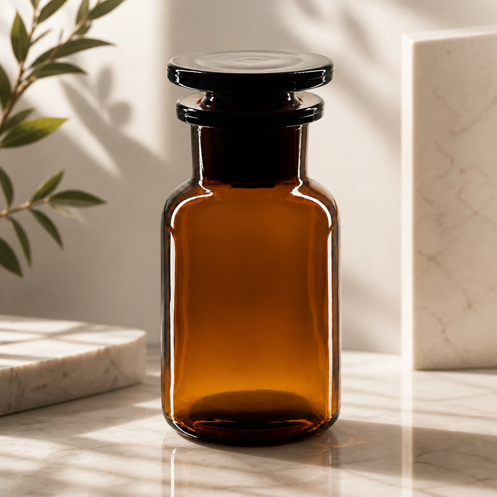 Chemische fles met brede hals, 100 ml, bruin, met glazen stop, zuurbestendig, duurzaam