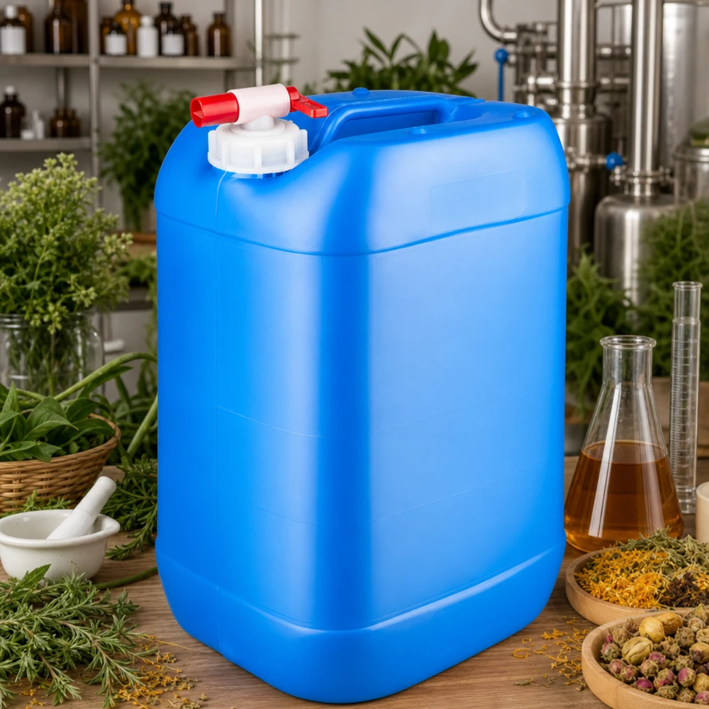 Blauwe opslagkan van 25 liter met tapkraan naast een distilleerinstallatie en gedroogde bloemen