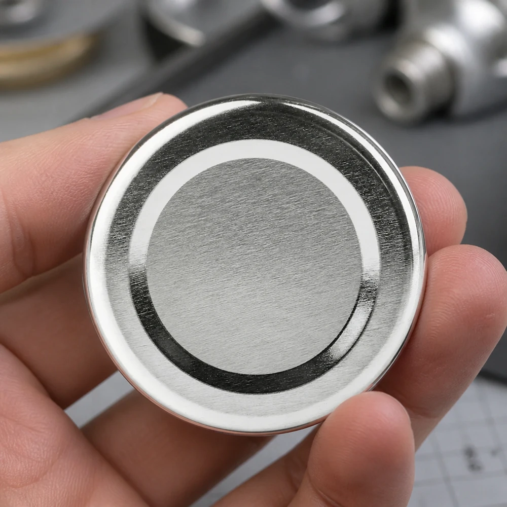 66mm BasicSeal deksel zilver (TO66deep) UNiTWIST Vinger houdt het zilveren 66 mm BasicSeal-deksel TO66deep UNiTWIST vast – groottevergelijking met de handpalm