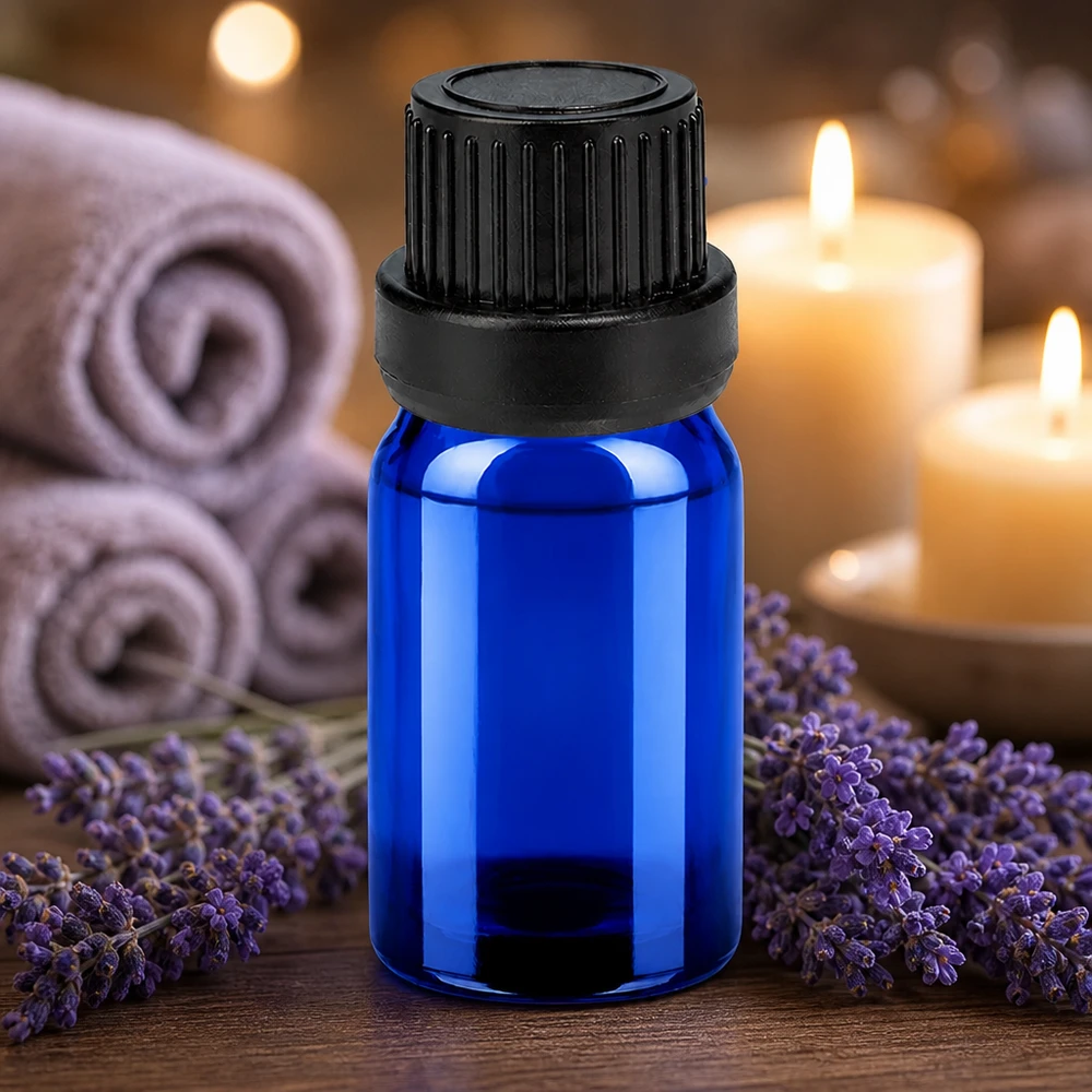 5ml druppelflesje 2mm zwart OV BlueLine UT18/5 Mondgeblazen blauw glazen flesje 5ml met robuuste zwarte druppeldop OV BlueLine