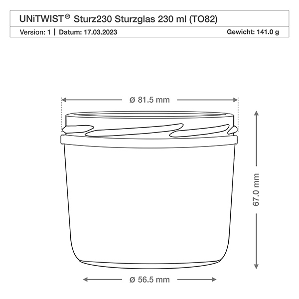 230ml bekers met BasicSeal deksel Honingraat UNiTWIST Technische Zeichnung 230ml Sturzglas mit Maßangaben und Produktdetails für präzise Größenvorstellung