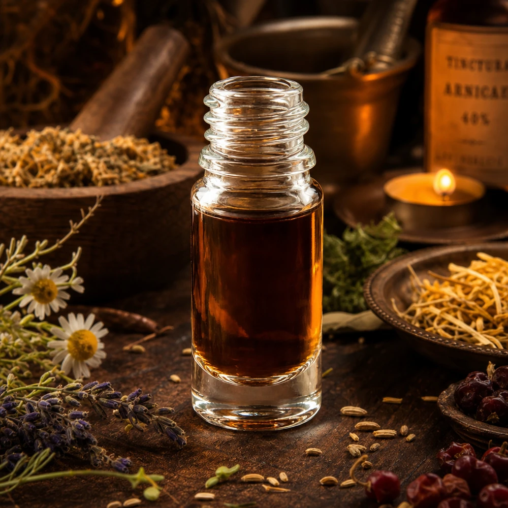 5ml ApoGlas apothekersflesje tussen geneeskrachtige kruiden en kamillebloesems in een warme natuurgeneeskundige omgeving