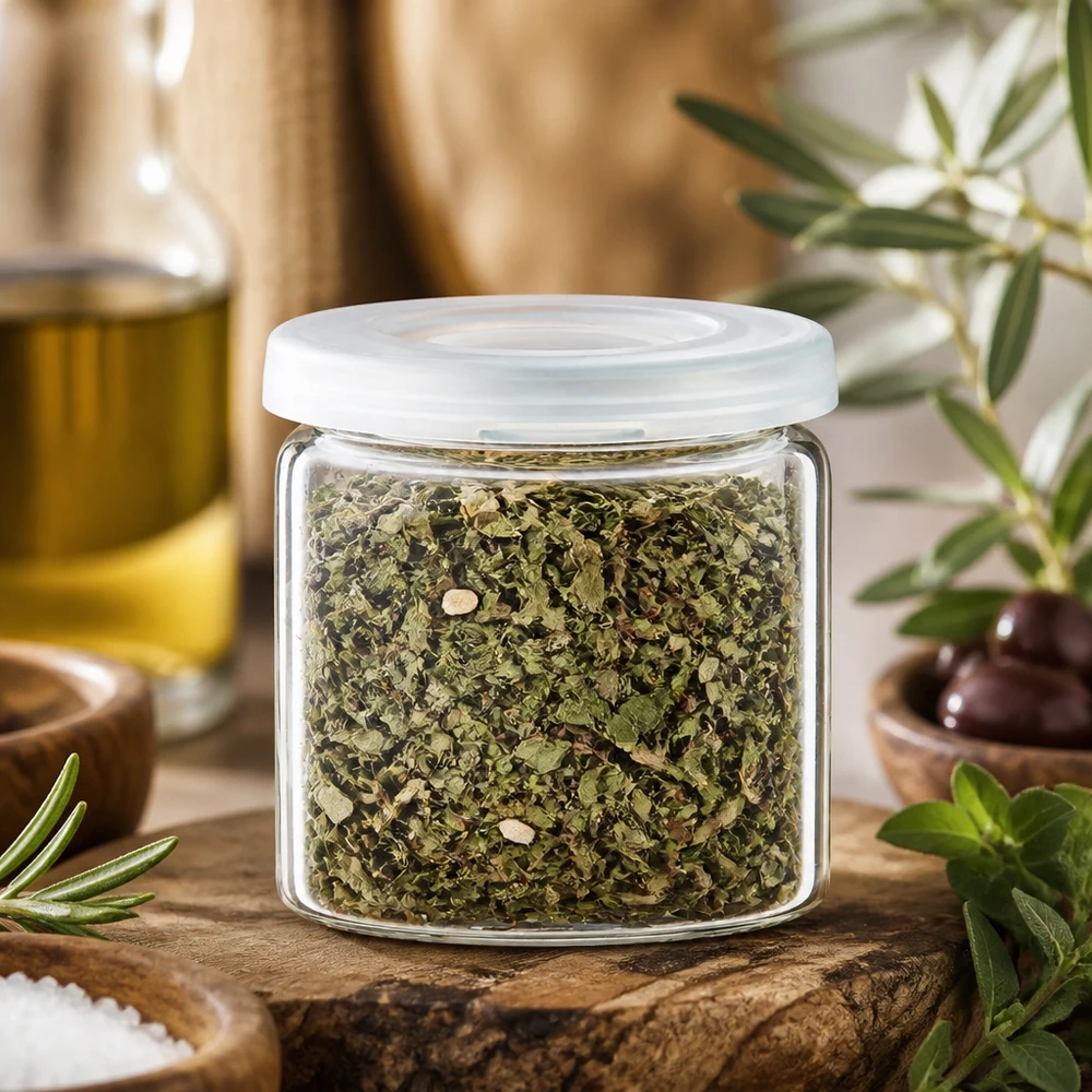 Kleine, afgesloten voorraadpot met groene gedroogde kruiden op een rustiek houten plankje met ingrediënten