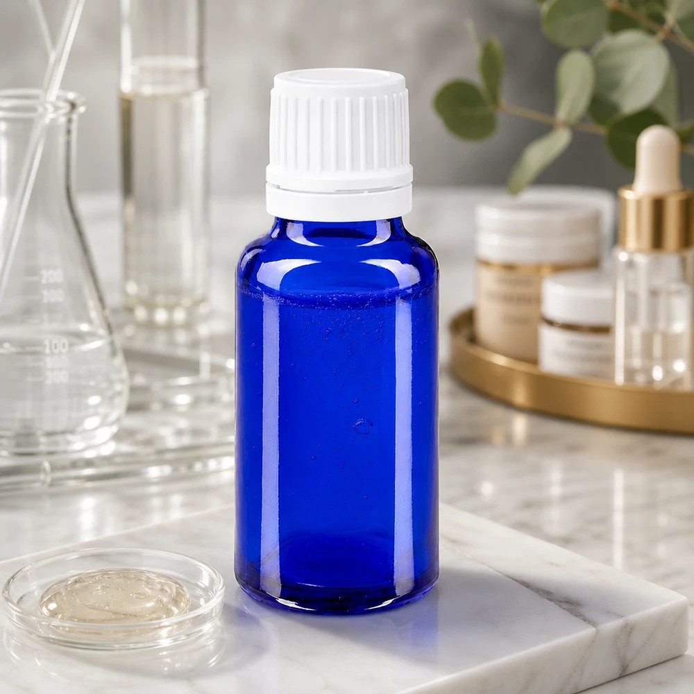 Blauwe glazen flessen 20ml met wit sluiting OV Kleine blauwe glazen fles van 20 ml met een witte schroefdop naast een Erlenmeyer-kolf en een petrischaal