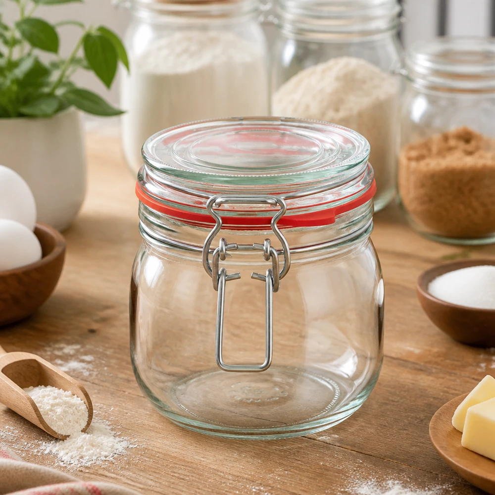 Transparante voorraadpot 634ml met flip-top deksel ideaal voor bloem, suiker en bakingrediënten