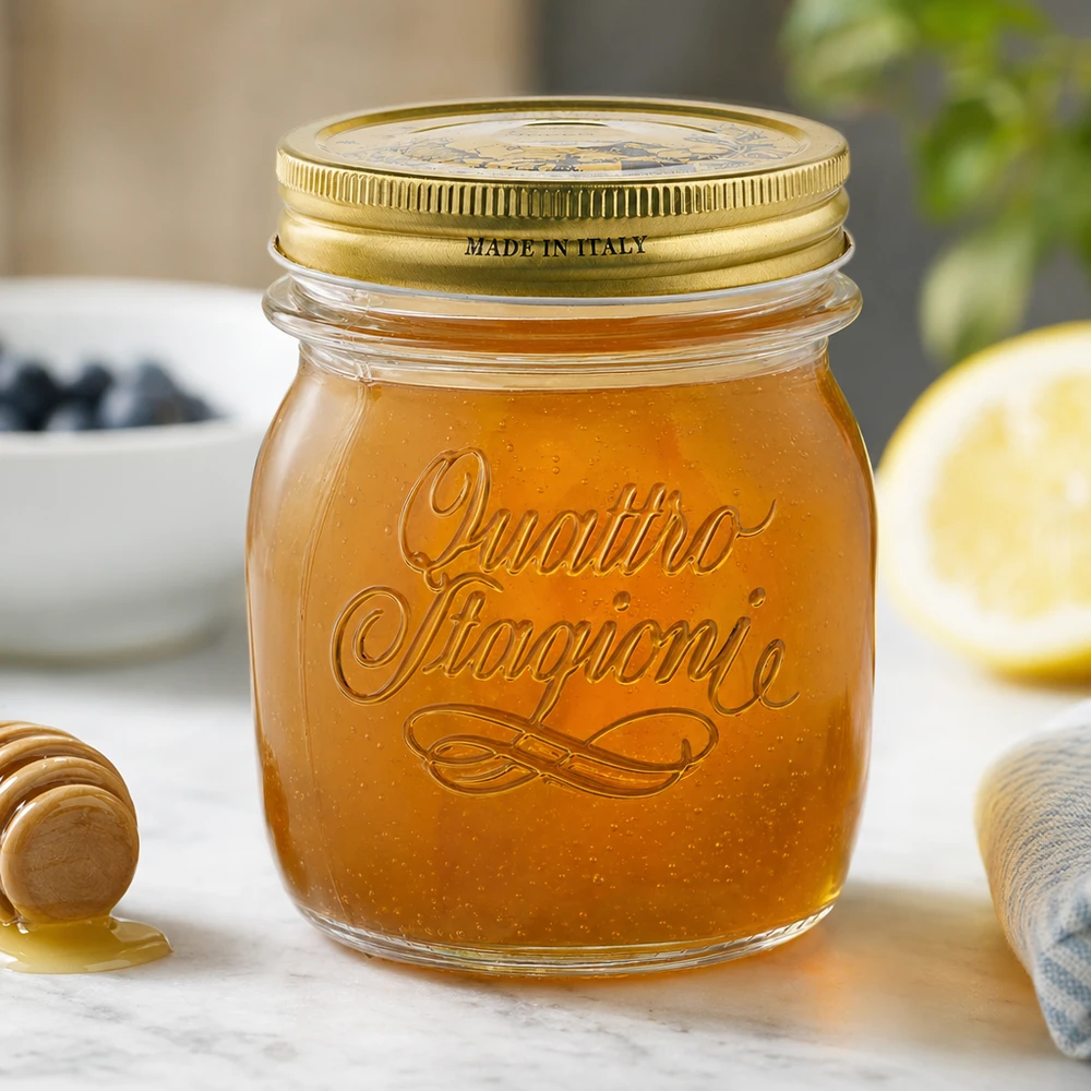 250ml ronde pot Quattro Stagioni met gouden deksel gevuld met honing op aanrecht Made in Italy