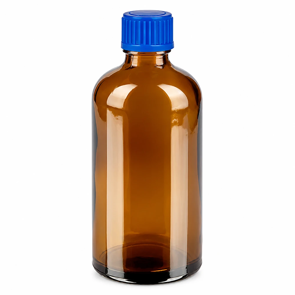 100ml fles 11mm SV blauw STD BrownLine UT18/100 Compacte 100ml fles van amberkleurig glas met veilige sluiting
