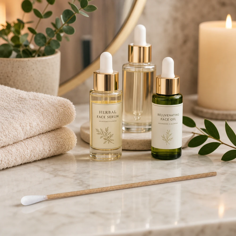 Oorstokjes (niet-steriel) naast natuurlijke cosmeticaproducten op een lichte marmeren steen met plantendecor