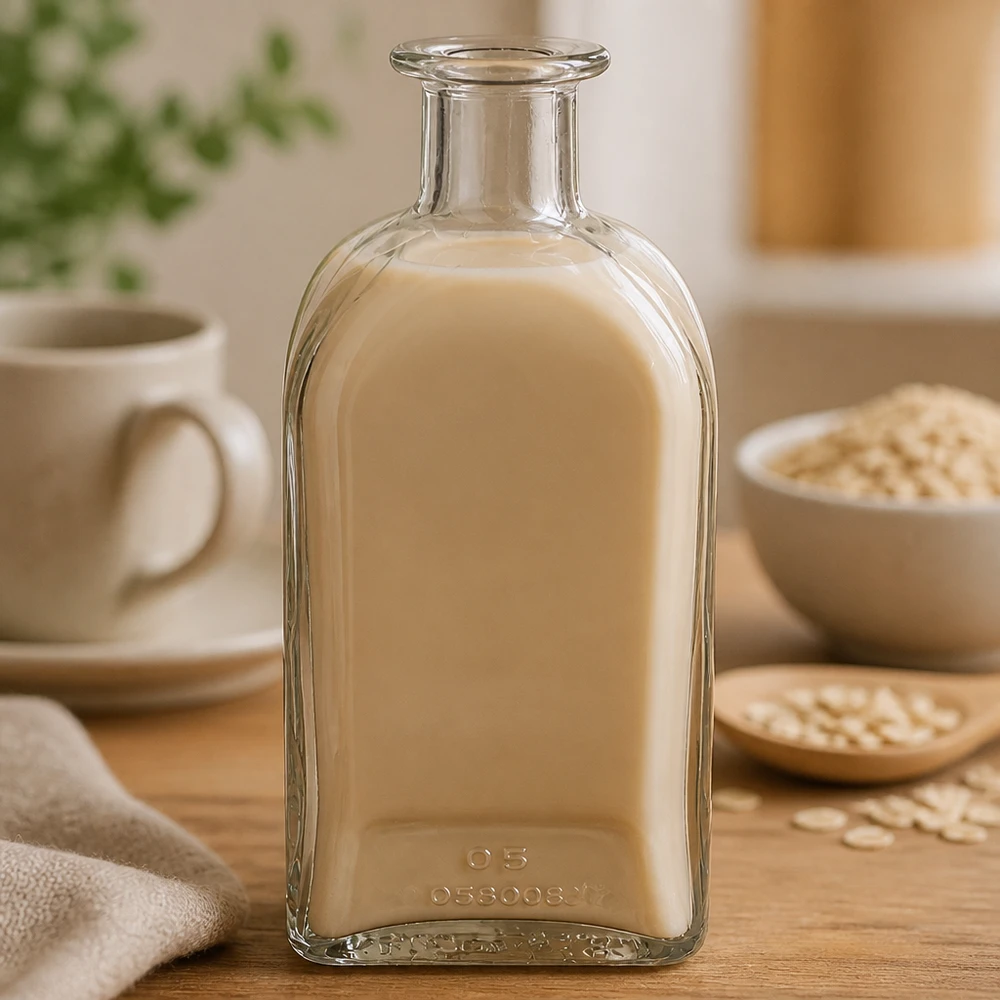 500ml Julia glazen fles gevuld met romige beige vloeistof naast havervlokken en beker in een warme keukensfeer