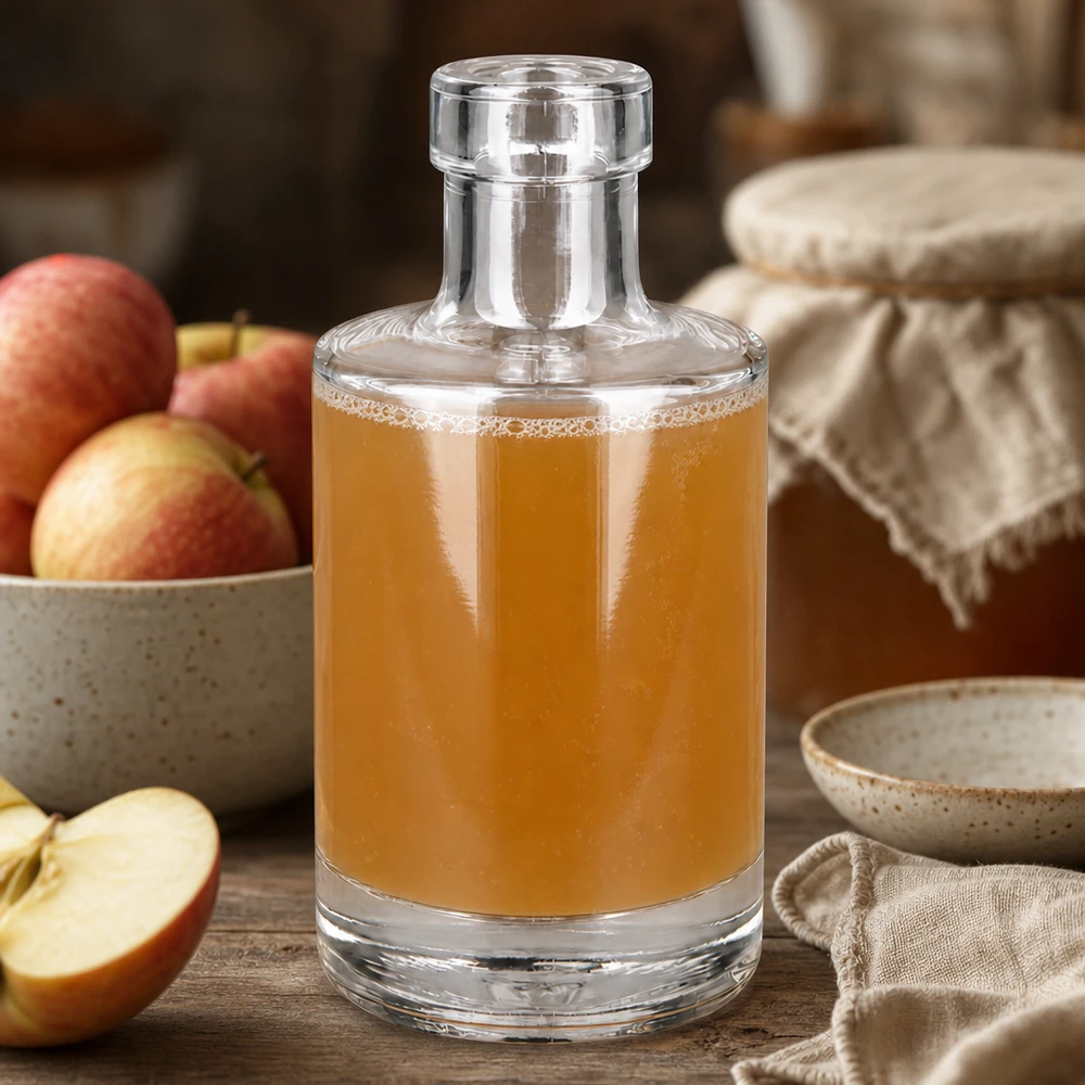 200 ml glazen fles Marie zonder sluiting UNiTWIST® Glasflasche Marie 200ml mit Apfelsaft befüllt natürliche Küchendeko mit frischen Äpfeln rustikaler Holztisch Lifestyle