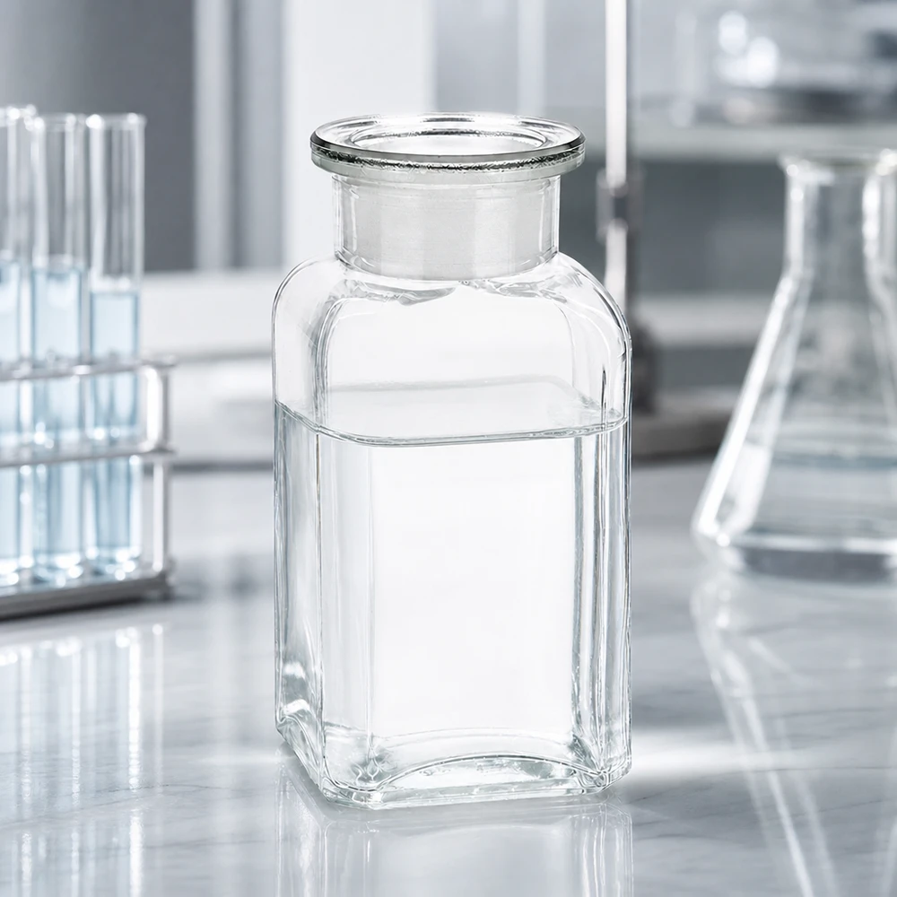 Vierkante fles van 100 ml van helder glas met een brede opening voor het veilig bewaren van vloeistoffen