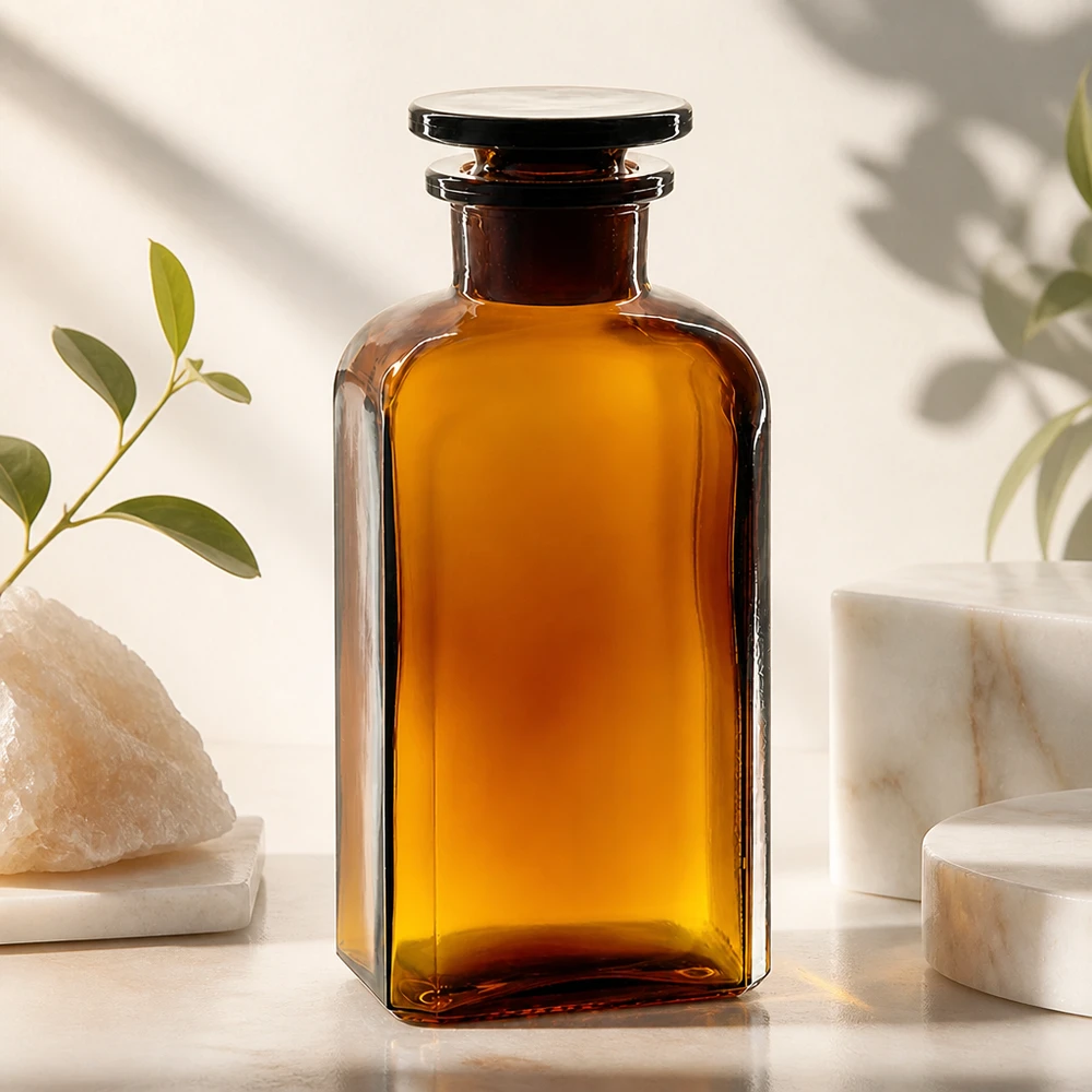 Bruine apothekersfles van 250 ml, vierkant, met brede hals en glazen dop, voor aromatherapie