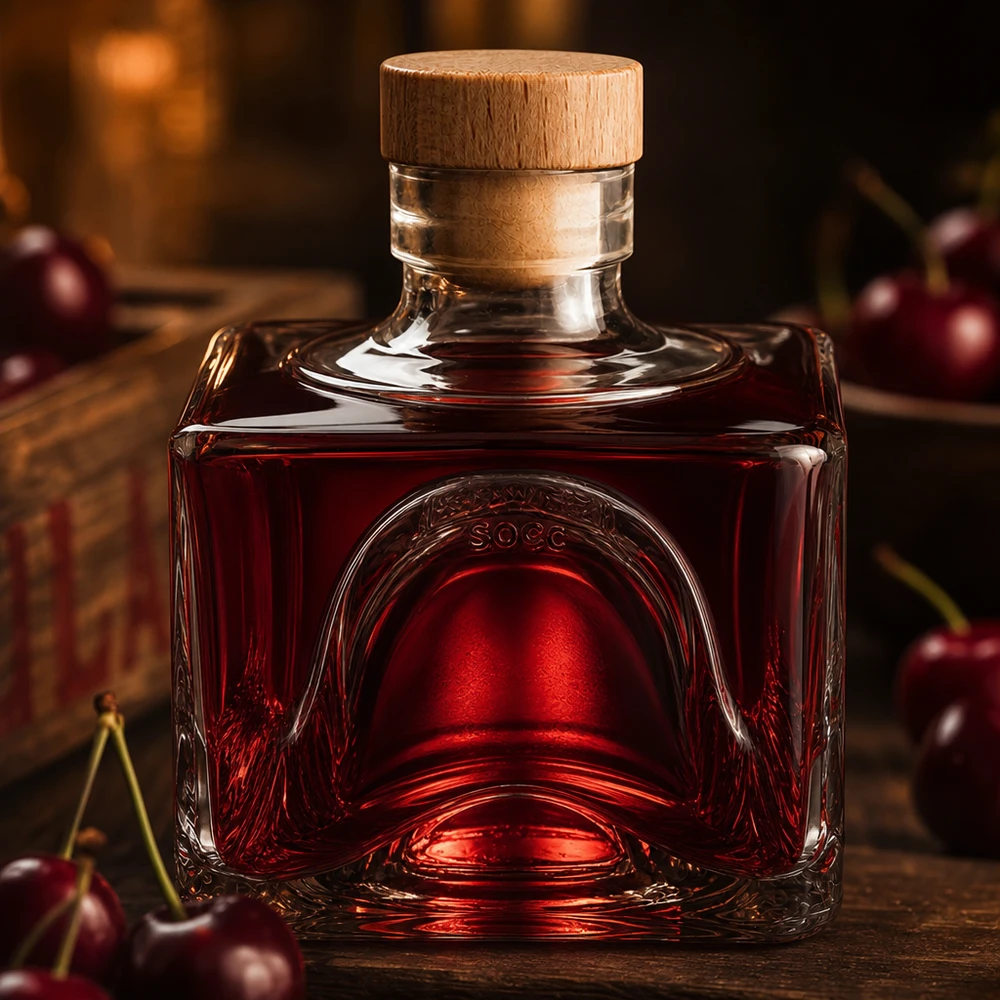 200 ml glazen fles Bob met houten kurk met handvat UNiTWIST® 200ml Glasflasche Bob mit rotem Kirschlikör gefüllt, Holzkorken-Verschluss, dekorative Anordnung mit frischen Kirschen