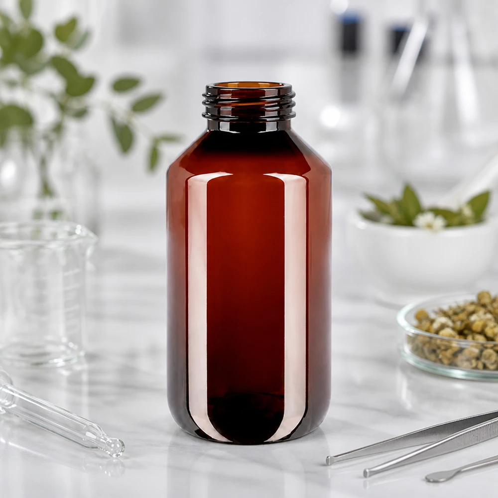 PET-fles 200ml met witte standaard OV Open bruine plastic fles van 200 ml met schroefdop in een botanisch laboratorium