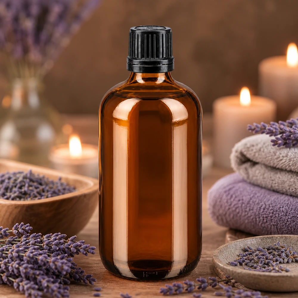 Hoogwaardige apothekersglasfles van 100 ml met een opening van 8 mm en een zwarte OV-dop voor natuurlijke oliën