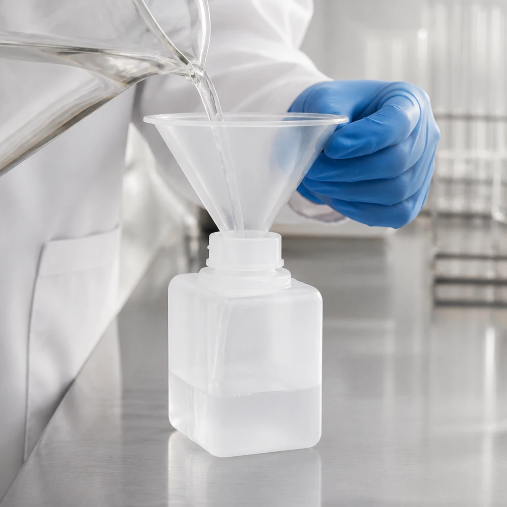 Chemicaliënfles 20 ml, nauwe hals, incl. sluiting GL 18 PE-HD-fles voor chemicaliën van 20 ml, naturel, wordt in het laboratorium veilig gevuld met behulp van een trechter