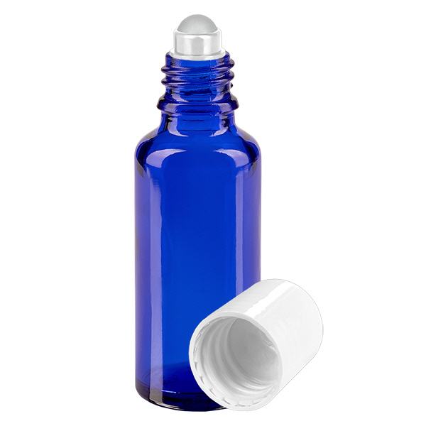 Apothekersflesje blauw 30ml roll-on cap wit Apothekersflesje blauw 30ml roll-on cap wit